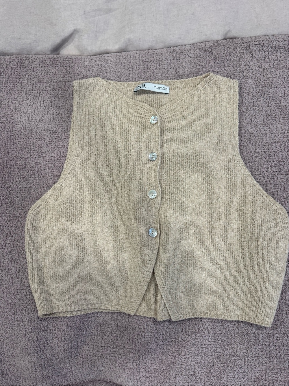 Zara Beige Knit Button-Front Crop Vest